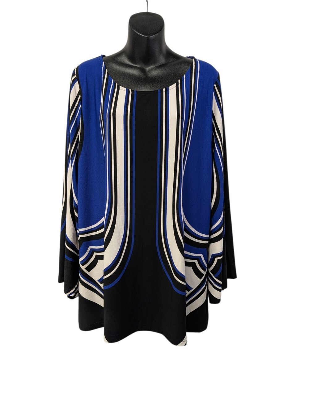 Avenue Geometric Abstract Print Tunic Top Blue Black Bell Sleeve Size 18/20